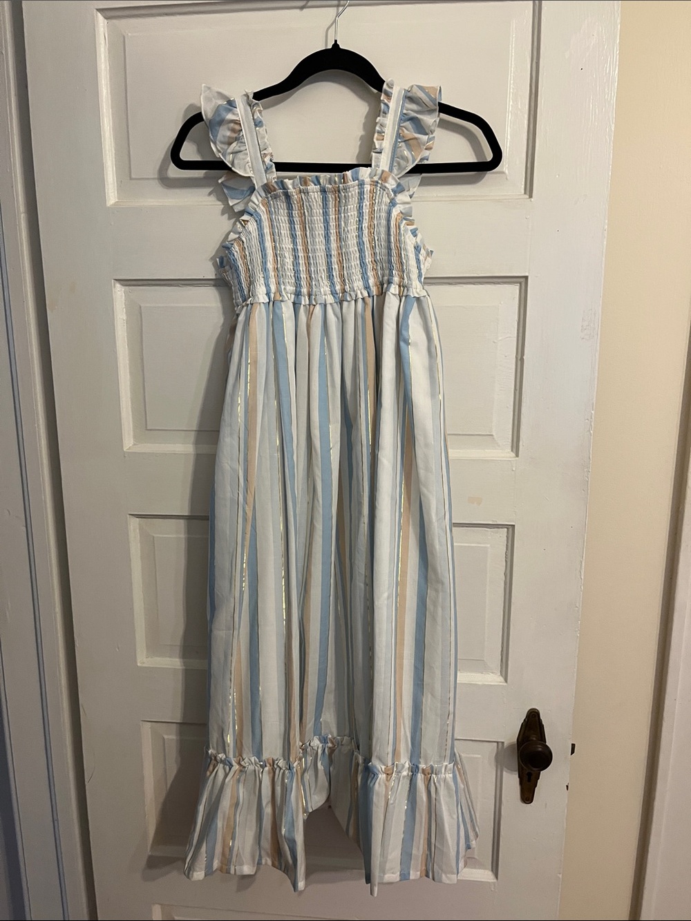 Haute Hippie Light Blue, White & Gold Striped Sundress with Ruffle Straps